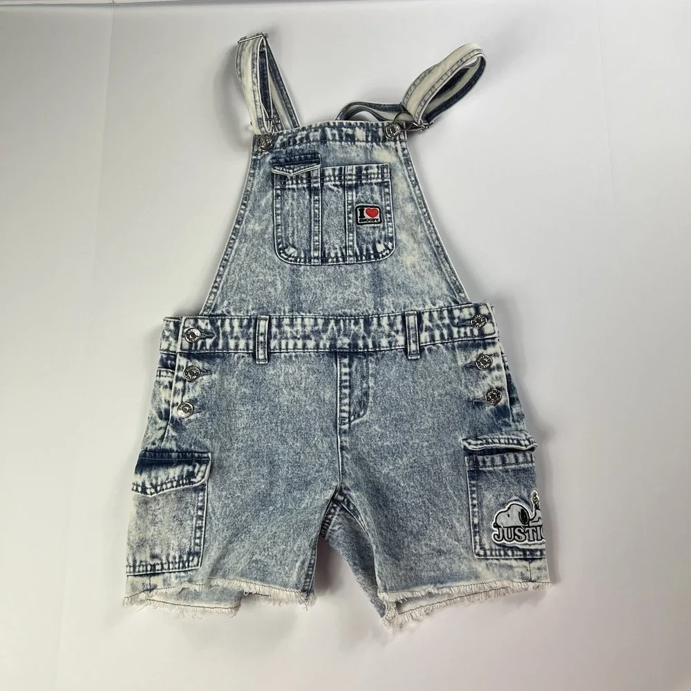 Justice Snoopy Short Overalls Size 12 Cotton Denim Blue Jean Adjustable Straps